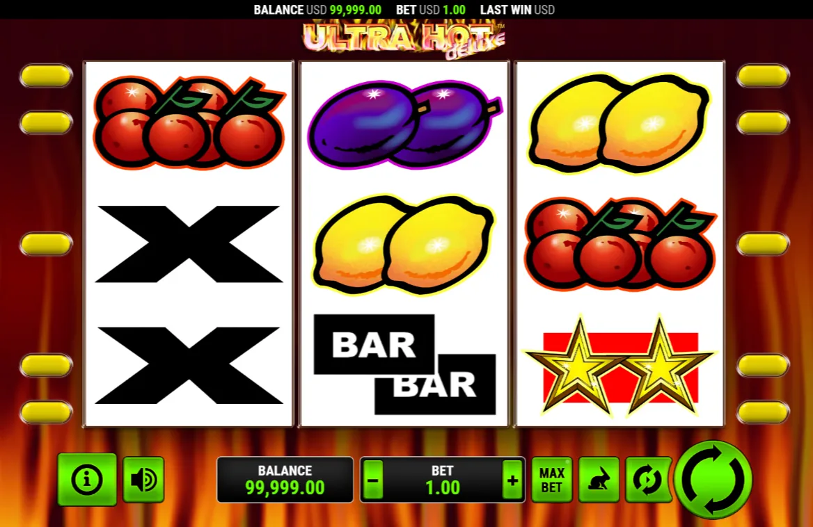 Ultra Hot Deluxe gra podstawowa z cytrynami, wiśniami i symbolami BAR na siatce 3×3
