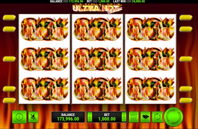 Ultra Hot Deluxe pełny ekran płonących wiśni, który uruchamia mnożnik 2×