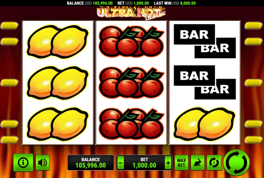 Ultra Hot Deluxe gra podstawowa z cytrynami, wiśniami i symbolami BAR na siatce 3×3