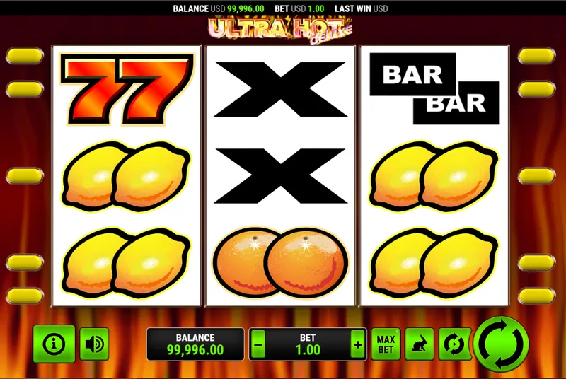 Ultra Hot Deluxe przy stawce 1,00 z siódemkami, symbolami X, BAR, cytrynami i pomarańczami