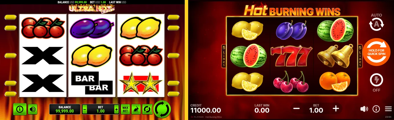 Ultra Hot Deluxe i Hot Burning Wins obok siebie przy stawce 1,00, obie na siatce 3×3